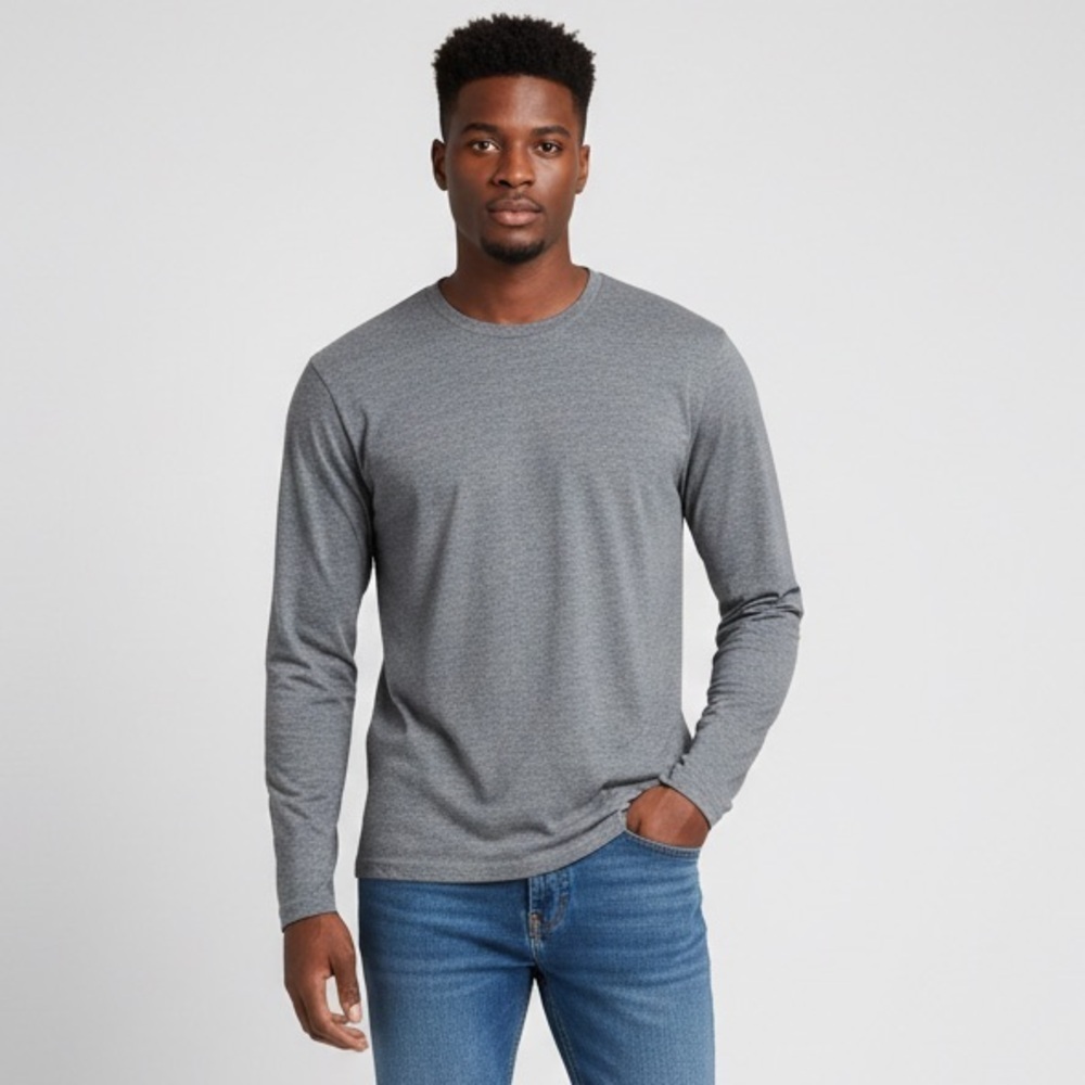 117 CLUB MONACO Men's Long Sleeve Crewneck Tee, Heather Black, Large